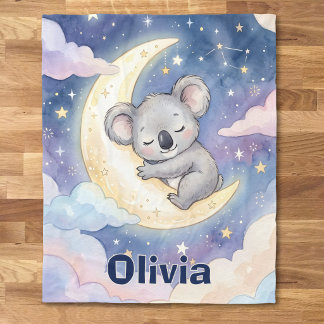 Whimsical Sövande Koala Celestial Måne och Stjärno Fleecefilt