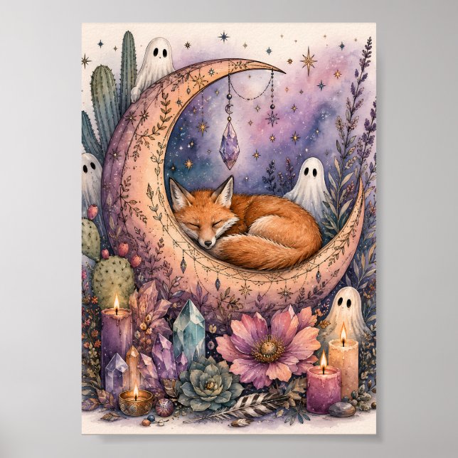 Whimsical Sövande Räv Halvmåne Söt Spöke Poster (Framsidan)
