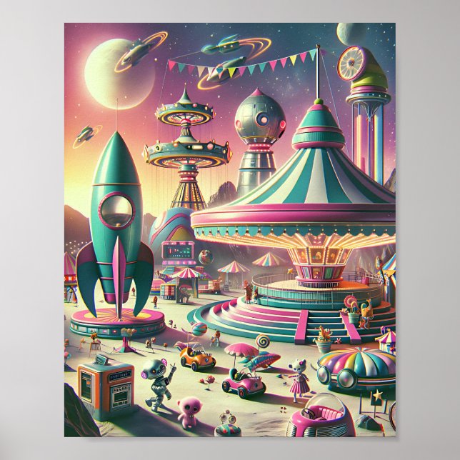 Whimsical Space Carnival - Retro-Futuristiska 1950 Poster (Framsidan)