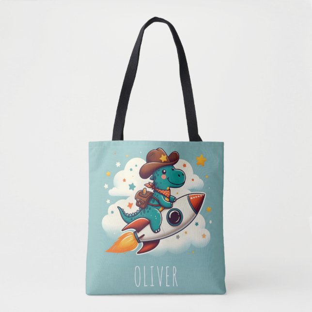 Whimsical Space Cowboy Dinosaur Riding Raket  Tygkasse (Framsida)