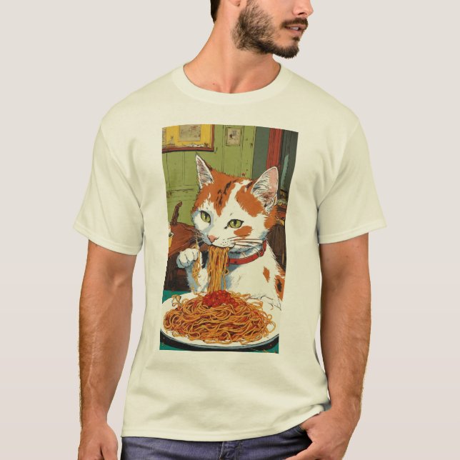 Whimsical Spaghetti Cat - Hergé-Inspired T-Shirt (Framsida)