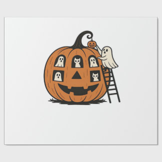 Whimsical Spooky Pumpkin with Ghosts, Cats & Hallo Presentpapper
