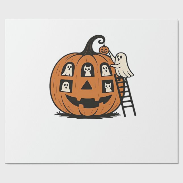 Whimsical Spooky Pumpkin with Ghosts, Cats & Hallo Presentpapper (Platt)