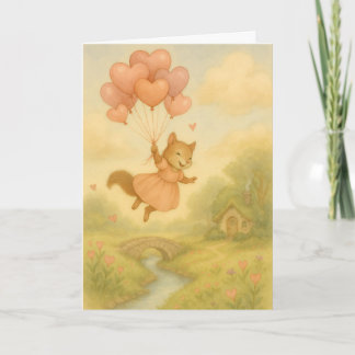 Whimsical Squirrel with Heart Balloons Valentine  Kort