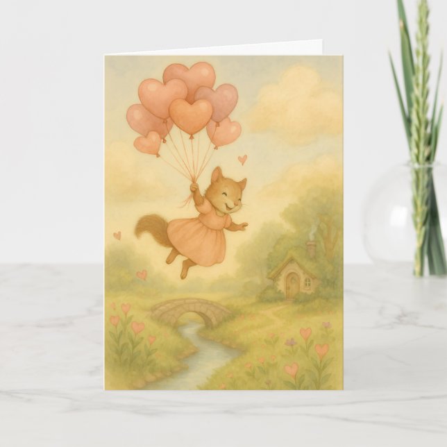 Whimsical Squirrel with Heart Balloons Valentine  Kort (Framsida)