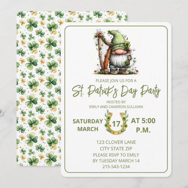 Whimsical St. Patrick's Day Gnome-inbjudan  Inbjudningar (Fram/baksida)