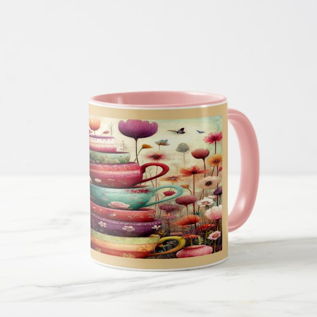 Whimsical Stacked Floral Teacups Art Mug Mugg (Framsida höger)