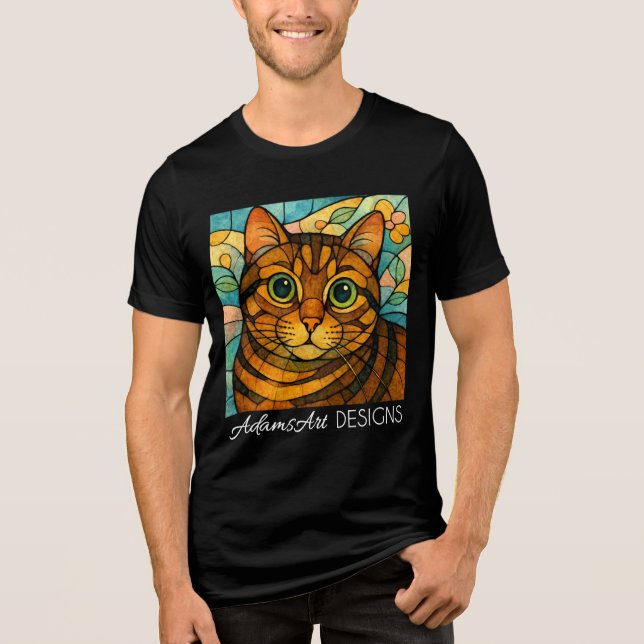 Whimsical Stained Glass Tabby Cat T Shirt (Framsida)