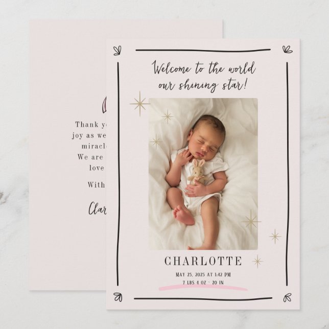 Whimsical star | baby-kort för födelseanmälan inbjudningar (Fram/baksida)
