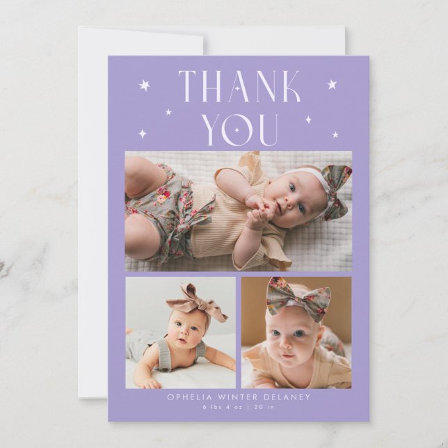 Whimsical Stars Foto Grid Violett Födelse Meddelande (Framsida)