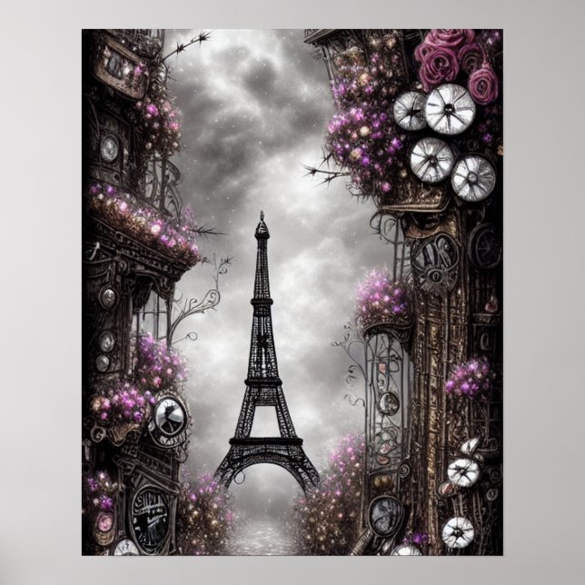 Whimsical Steampunk Fantasy Eiffel Torn Paris Poster (Framsidan)