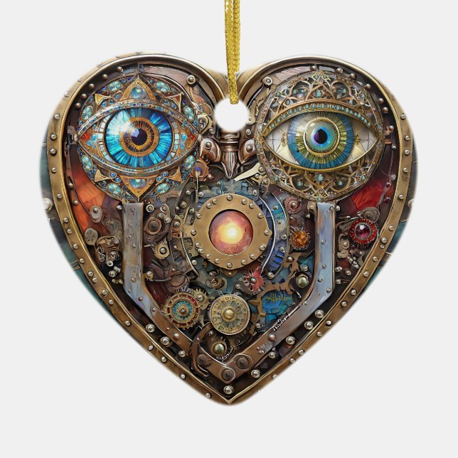 Whimsical Steampunk Hjärta Jag Ser Dig Jag Älskar  Julgransprydnad Keramik (Framsidan)