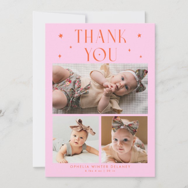 Whimsical Stjärna Foto Grid Orange Rosa Födelse Meddelande (Framsida)