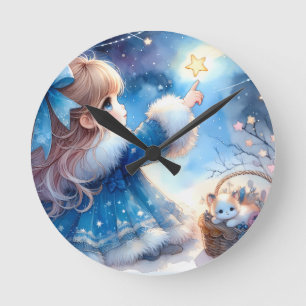 Whimsical Stjärnskådande Flicka Vattenfärg Rund Klocka