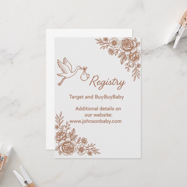 Whimsical Stork & Blommigt Rustic Registry Inbjudningar (Fram/Back In Situ)