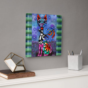 Whimsical Storögd Funky Abstrakt Katt Fyrkantig Klocka