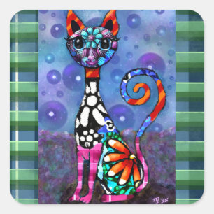 Whimsical Storögd Funky Abstrakt Katt Fyrkantigt Klistermärke
