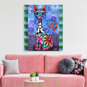 Whimsical Storögd Funky Kitty Katt Abstrakt Canvastryck