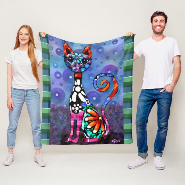 Whimsical Storögd Funky Kitty Katt Abstrakt Fleecefilt (På plats)