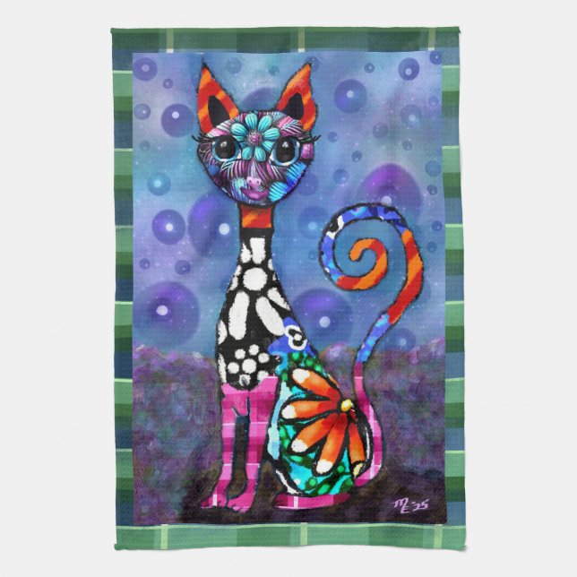 Whimsical Storögd Funky Kitty Katt Abstrakt Kökshandduk (Vertikal)