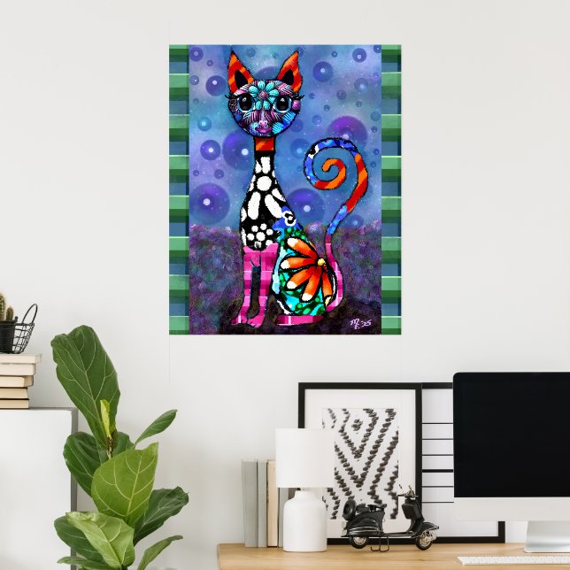Whimsical Storögd Funky Kitty Katt Abstrakt Poster (Hemmakontoret)