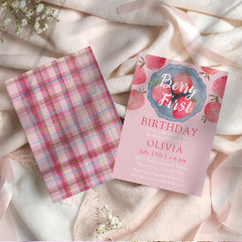 Whimsical Strawberry Pink 1st Birthday Watercolor  Inbjudningar