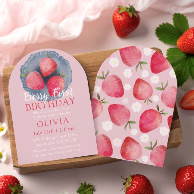 Whimsical Strawberry Röd & Rosa 1-års Inbjudan (Skapare uppladdad)
