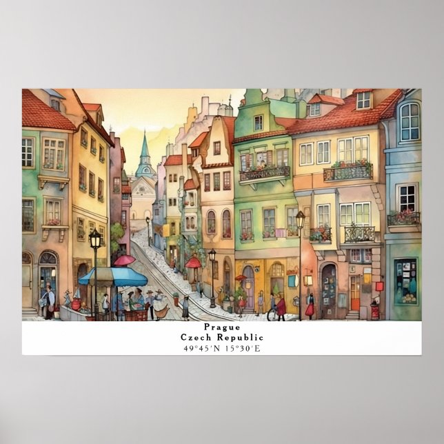 Whimsical Street View of Prag AI Art Poster (Framsidan)