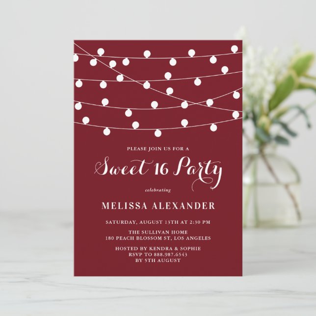 Whimsical String Ljus Burgundy Sweet 16 Party Inbjudningar (Stående Fram)