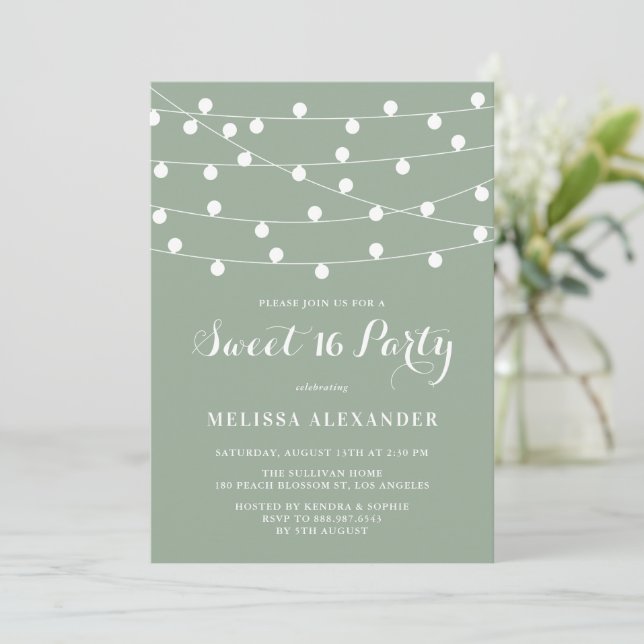 Whimsical String Ljus Sage Grönt Sweet 16 Party Inbjudningar (Stående Fram)