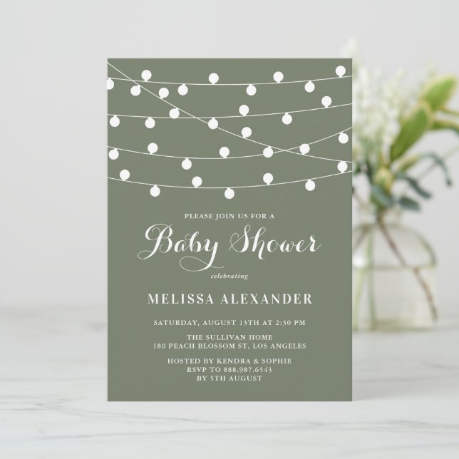 Whimsical String Ljus Taupe Grönt Baby Shower Inbjudningar (Stående Fram)