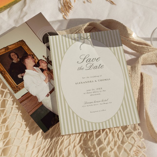 Whimsical Stripe Green Wedding Save the Date Inbjudningar (Skapare uppladdad)