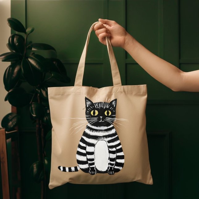 Whimsical Striped Cat Art Tote Bag Cute Folk Illus Tygkasse (Skapare uppladdad)