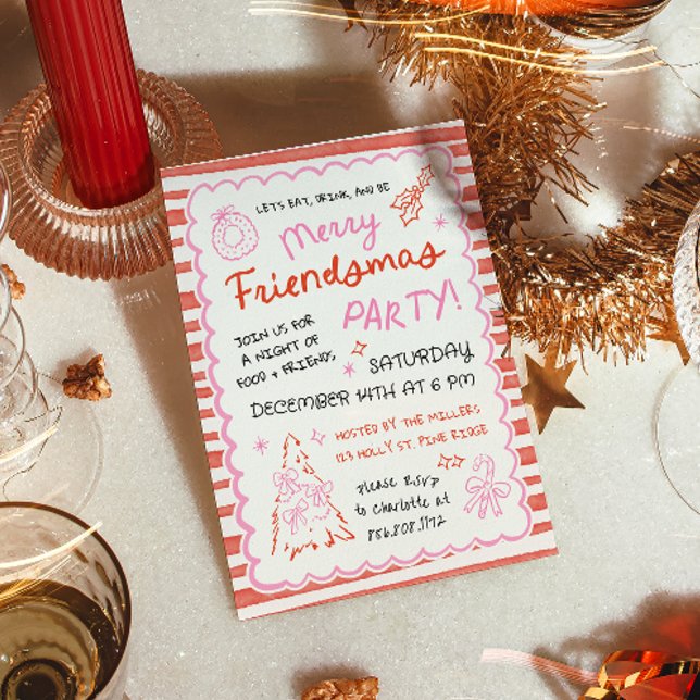 Whimsical Striped Friendsmas Christmas Party Inbjudningar (Skapare uppladdad)