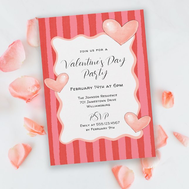 Whimsical Stripes and Hearts Valentines Day Party Inbjudningar (Available in both printed and instant download formats.)