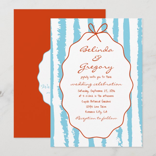 Whimsical Stripes Handwritten Painted Wedding  Inbjudningar (Fram/baksida)