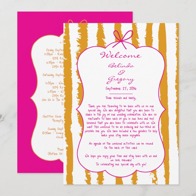 Whimsical Stripes Handwritten Wedding Itinerary  Program (Fram/baksida)