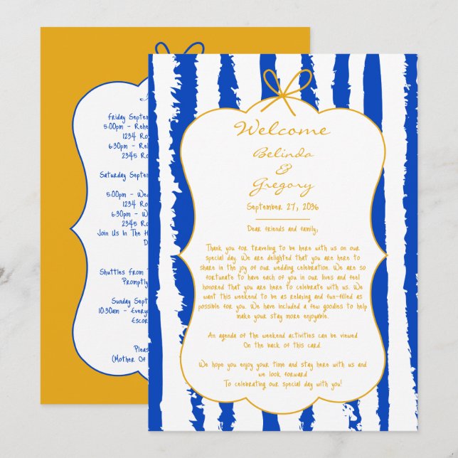 Whimsical Stripes Handwritten Wedding Itinerary Program (Fram/baksida)