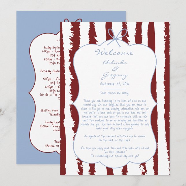 Whimsical Stripes Handwritten  Wedding Itinerary  Program (Fram/baksida)