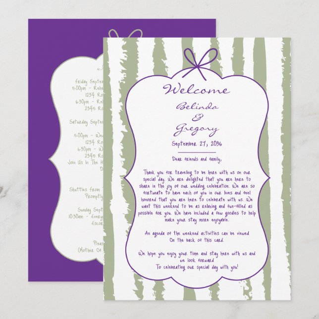 Whimsical Stripes Handwritten Wedding Itinerary Program (Fram/baksida)