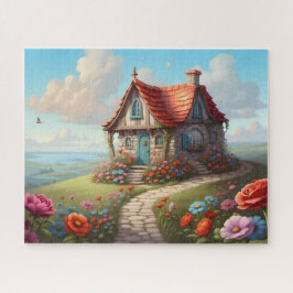 Whimsical stuga med röd takblomma trädgård pussel