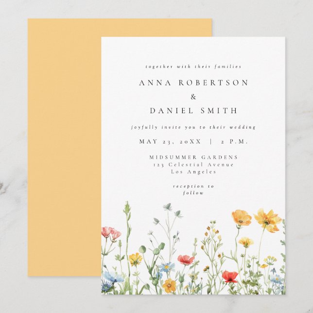 Whimsical Summer Floral Wedding Invitation Inbjudningar (Fram/baksida)