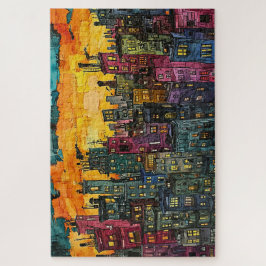 Whimsical Sunset Cityscape - Vattenfärg Pussel