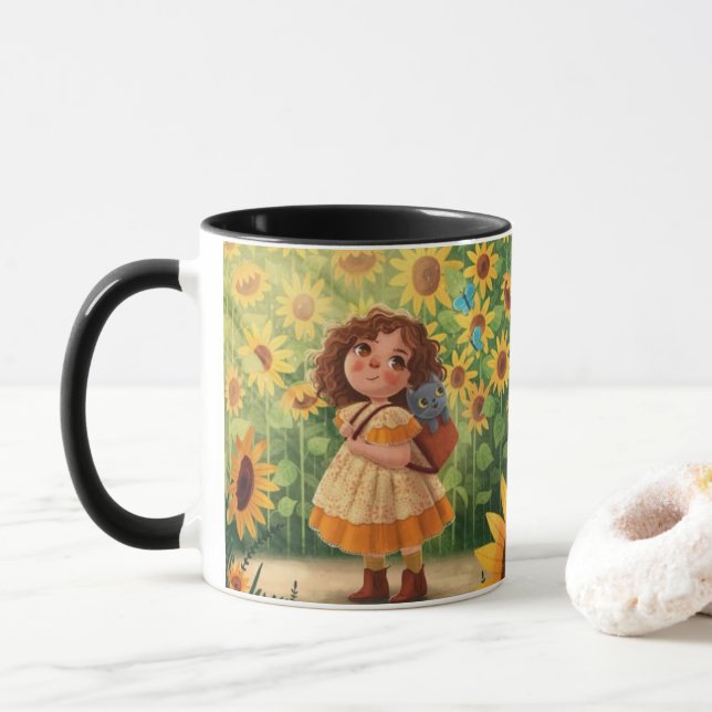 Whimsical Sunshine Flicka med Katt – Kind Ones Kaf Mugg (Med munk)