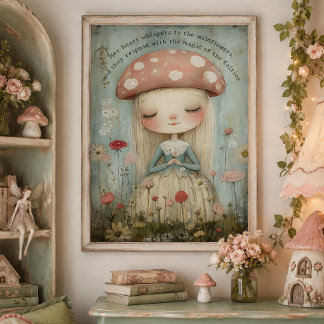 Whimsical Svamp Fe i en Blomsteräng Konst Poster