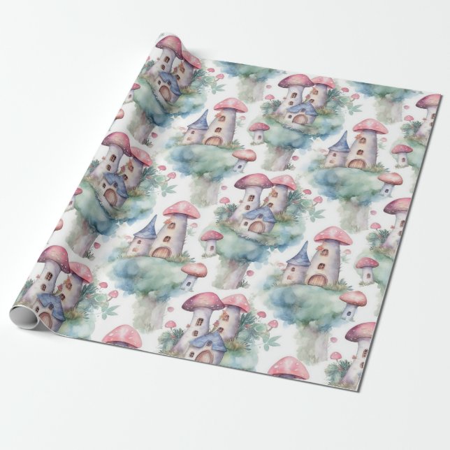 Whimsical Svampstuga Mönster (10) Presentpapper (Utrullad)