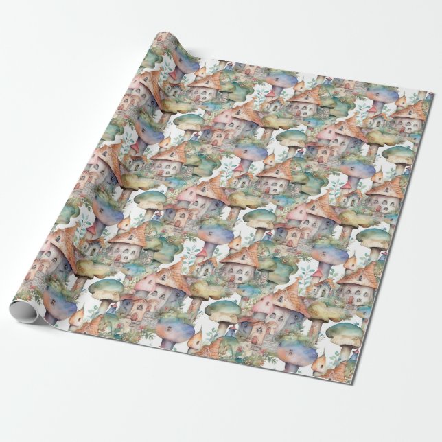 Whimsical Svampstuga Mönster (3) Presentpapper (Utrullad)