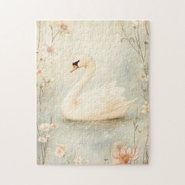Whimsical Svan med Flowers Illustration Pussel (Vertikal)