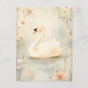 Whimsical Svan med Flowers Illustration Vykort