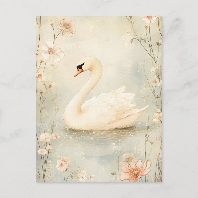 Whimsical Svan med Flowers Illustration Vykort (Framsida)